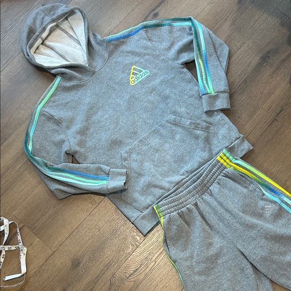 adidas Other - adidas Gray Hoodie and Joggers Set with Teal and Yellow Stripes !! Size large